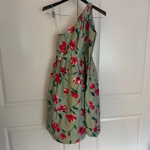 Express One Shoulder Floral Cocktail Dress Sage Green Red Size 4 100% silk